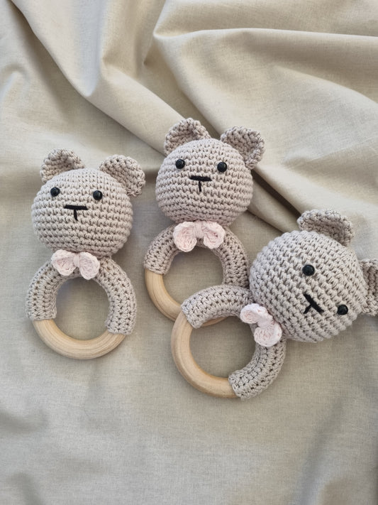 Crocheted Bear Rattle/ teether - Oatmeal