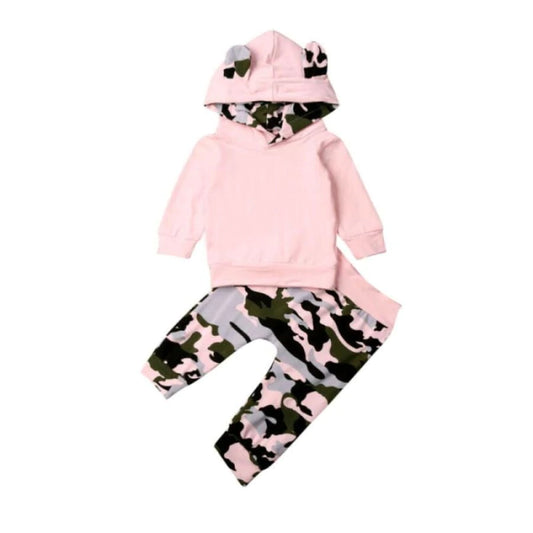 Gorgeous pink & camo light weight hoodie set for babies & toddlers. with cute bear ears on the hood.