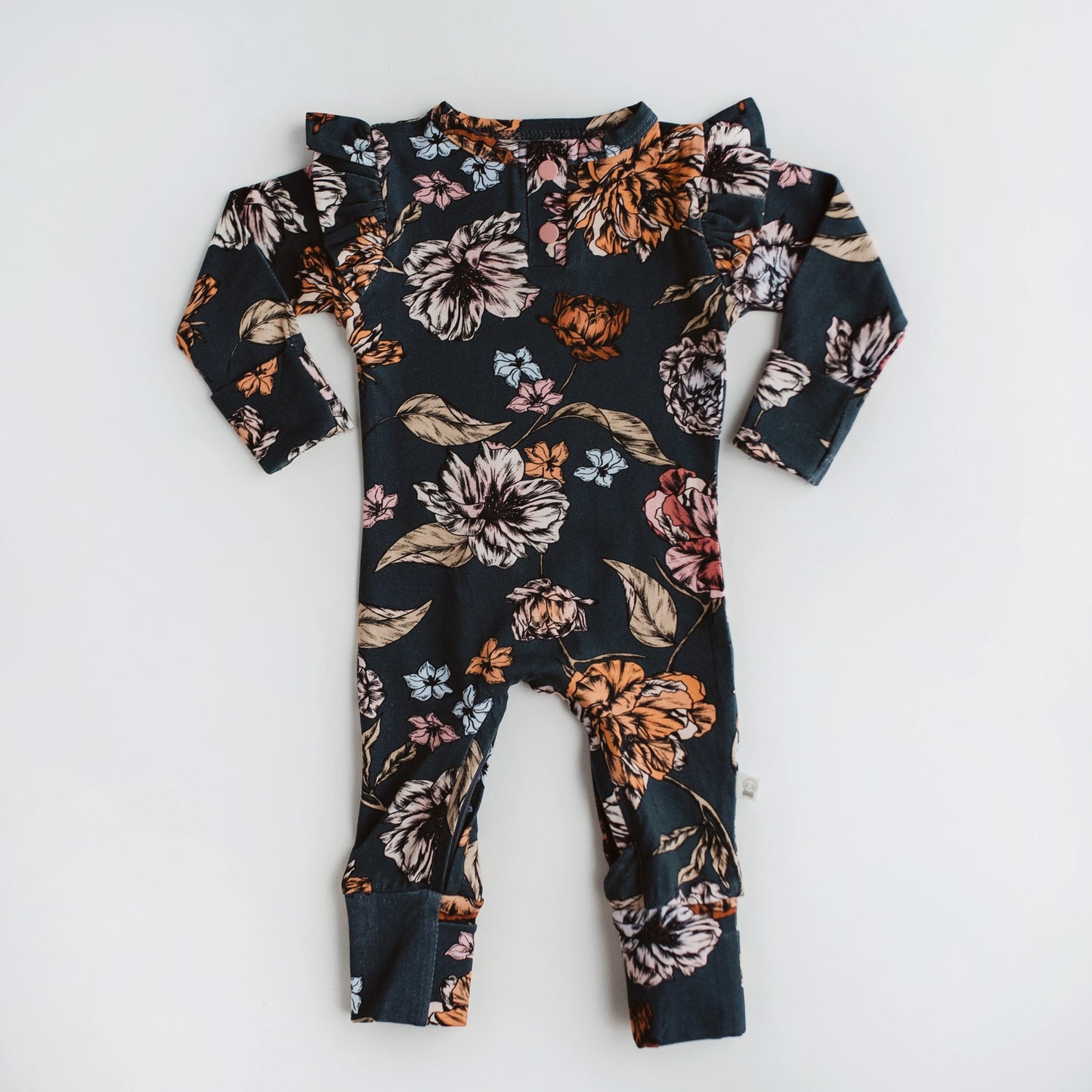 The Adorable deep blue & flower, Belle Organic Growsuit onesie is functional, soft and stretchy with foldable hand & foot mittens to keep your little Princess cosy.