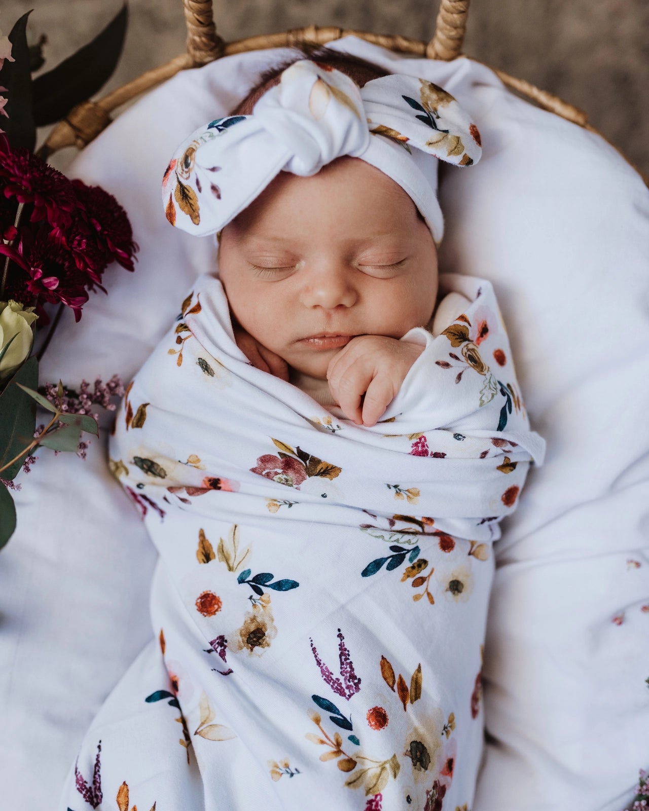 Boho Posy design Jersey Wrap & topknot set. So soft, stretchy, Lightweight & Breathable. Ideal for all seasons, Precious Birth Announcement piece