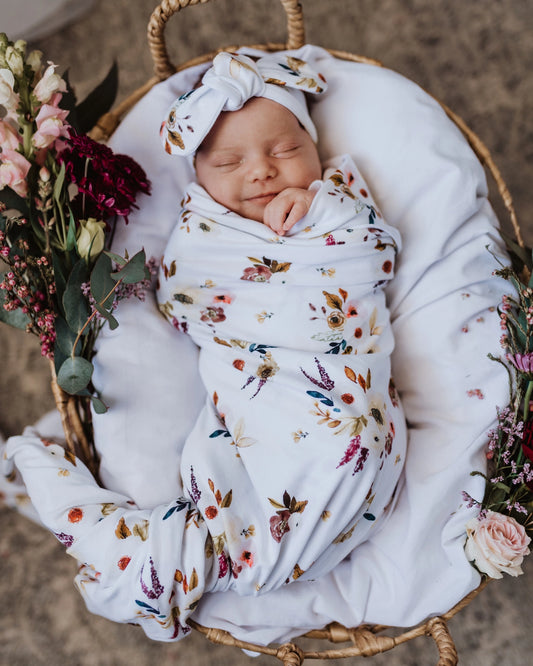 Boho Posy design Jersey Wrap & topknot set. So soft, stretchy, Lightweight & Breathable. Ideal for all seasons, Precious Birth Announcement piece