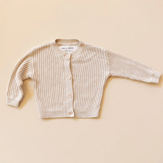 Baby & toddler Bamboo rib knit button up cardigan in Oat colour. 