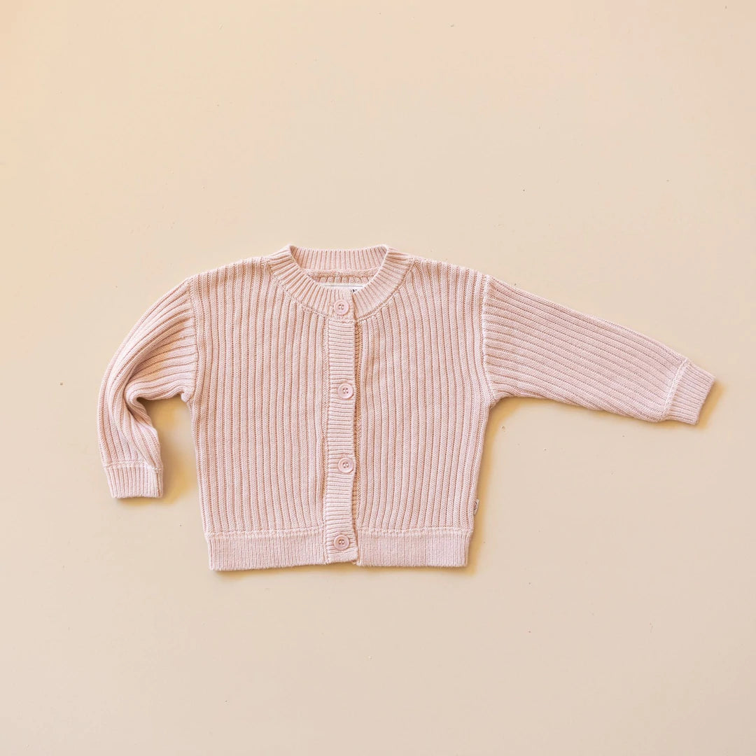 Soft bamboo rib knit button up cardigan for babies & toddlers, in a soft pink.