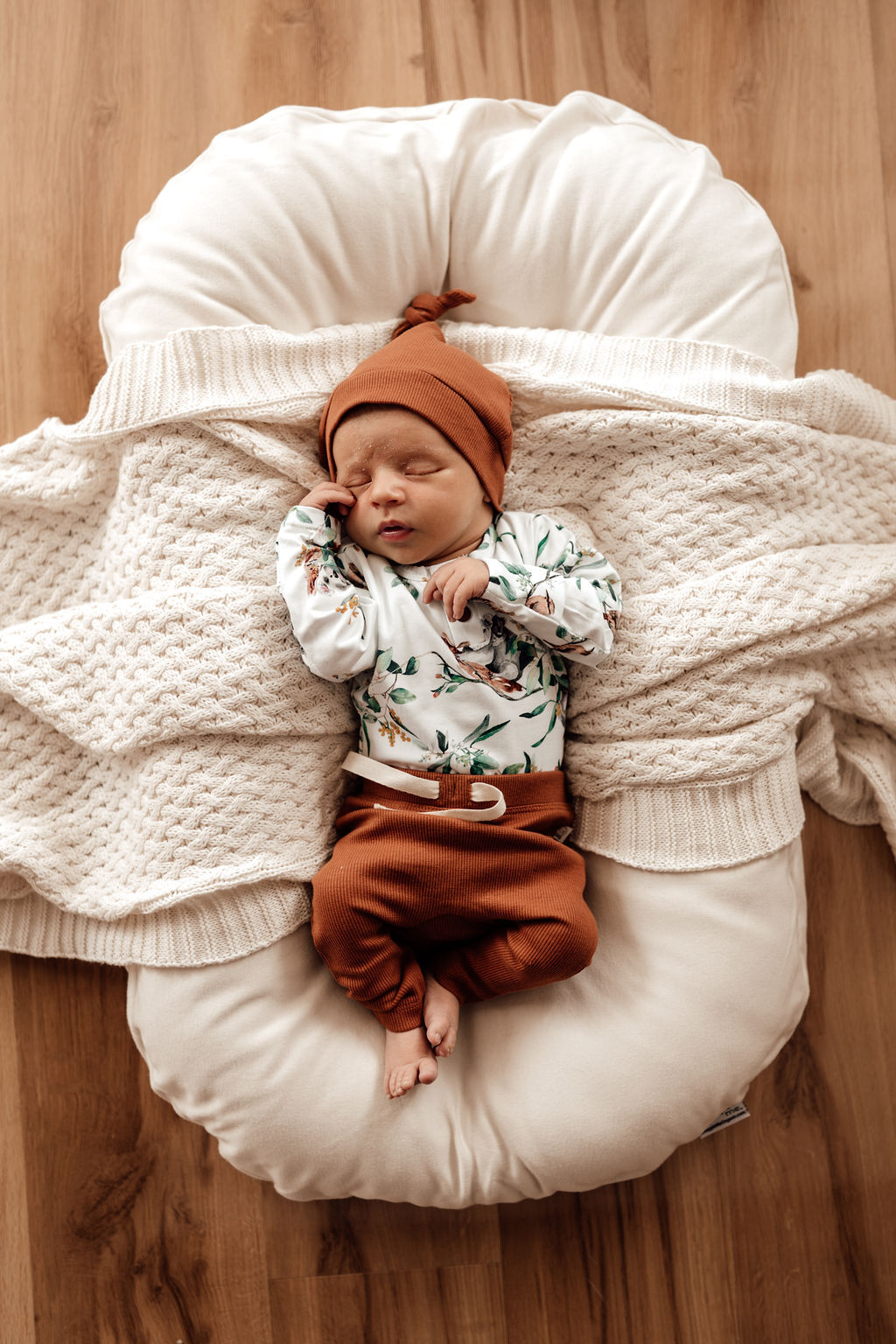 Beautiful Eucalypt design baby jersey wrap & matching beanie set.