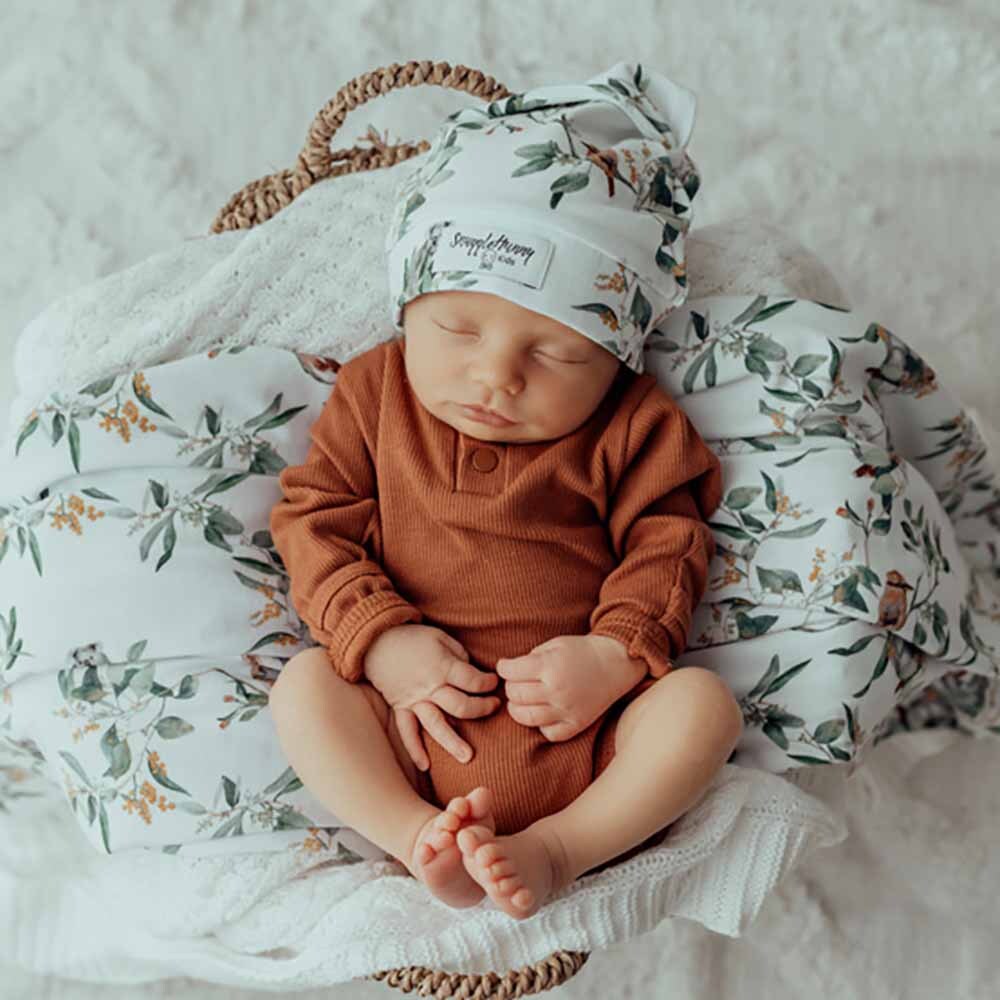 Beautiful Eucalypt design baby jersey wrap & matching beanie set.