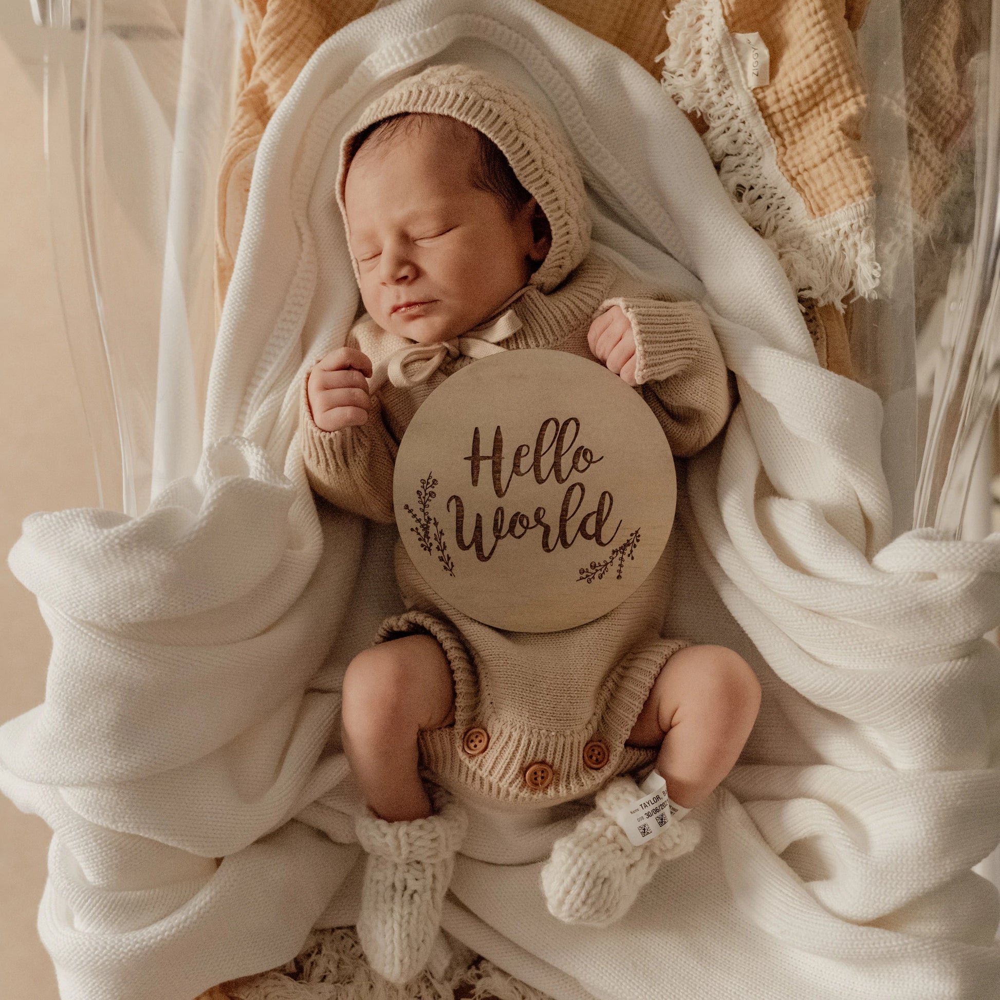 Adorable knitted romper in a Wheat colour. This is designed to be an heirloom piece. Perfect for Baby Welcome Photos