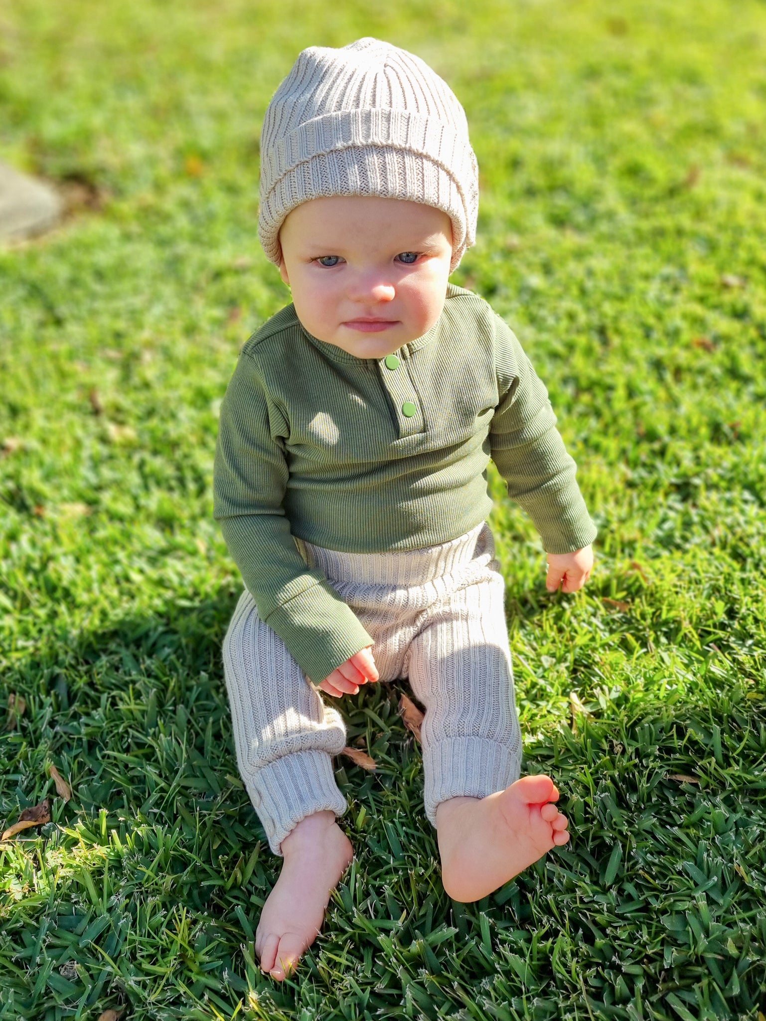 Olive bodysuit paired with rib knit leggings & beanie in oat colour