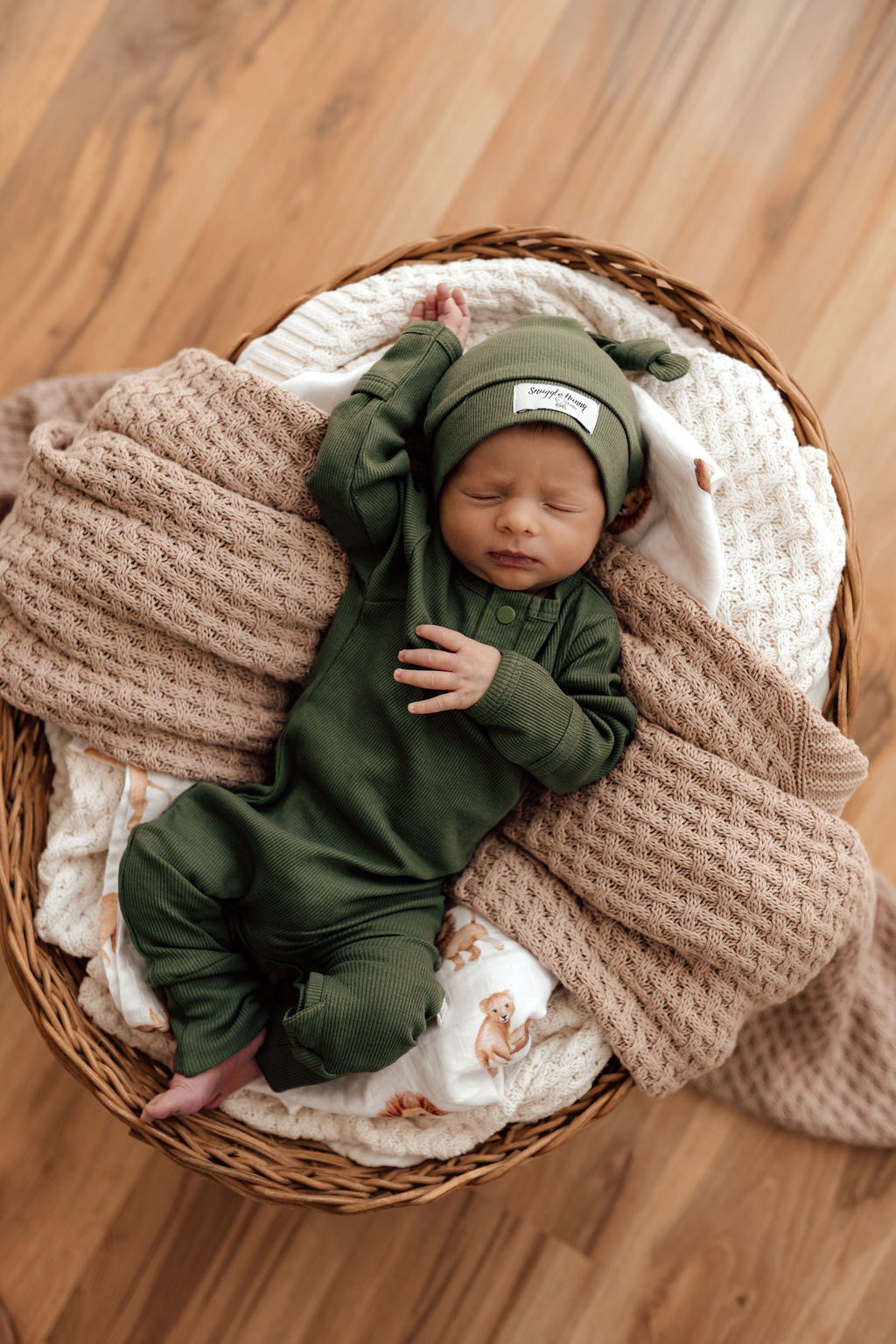 Olive Growsuit for toddlers & babies with foldable hand & foot mittens, Olive beanie available separately