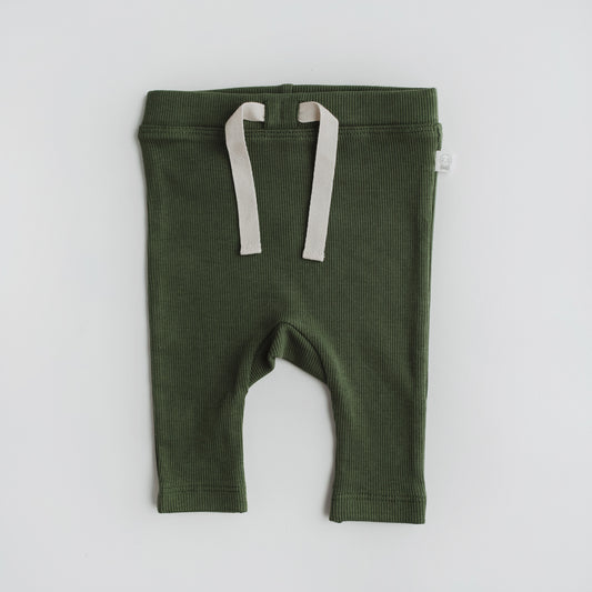 little pants in an olive colour, made from organic rib fabric with a faux drawstring