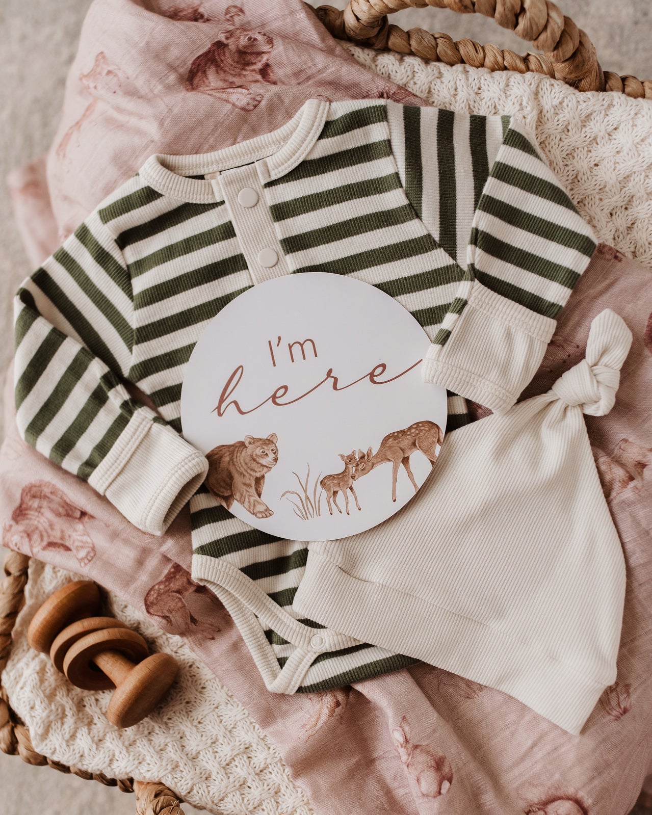 Olive stripe bodysuit pictured with Milestone card & beanie.