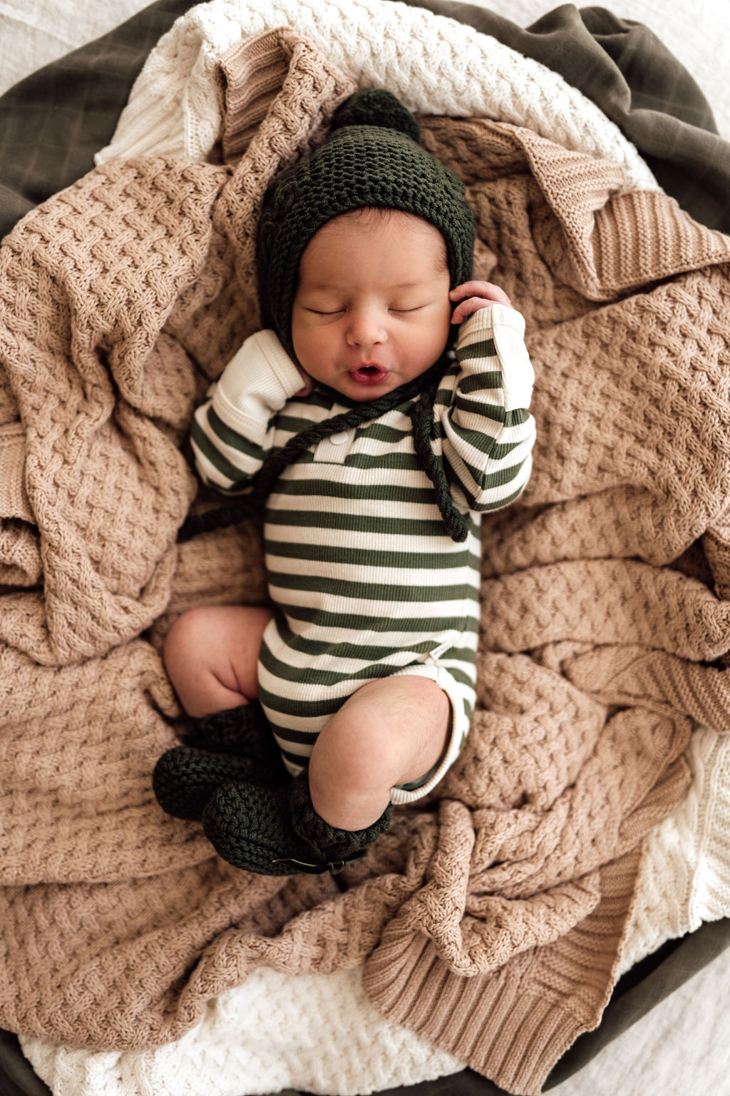 Beautiful heirloom bonnet & booties set in Olive, made from merino wool.