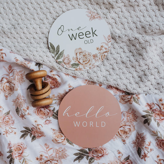 Rosette & pink sand Hello World & One week old milestone cards