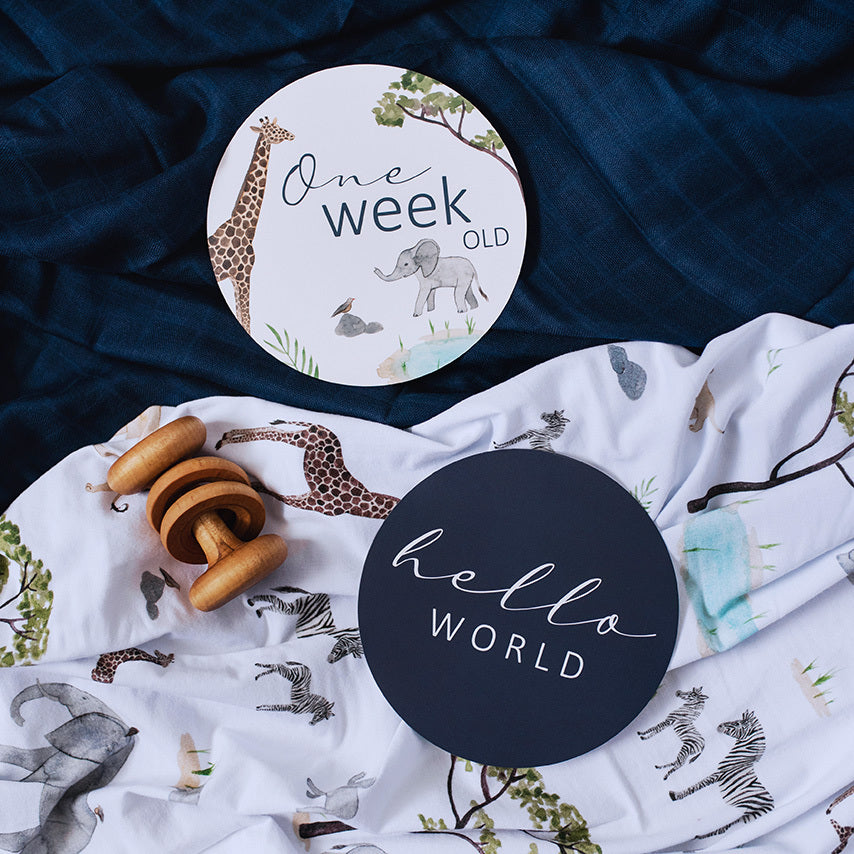 Safari & navy milestone cards featuring the 'Hello World & One week old' cards