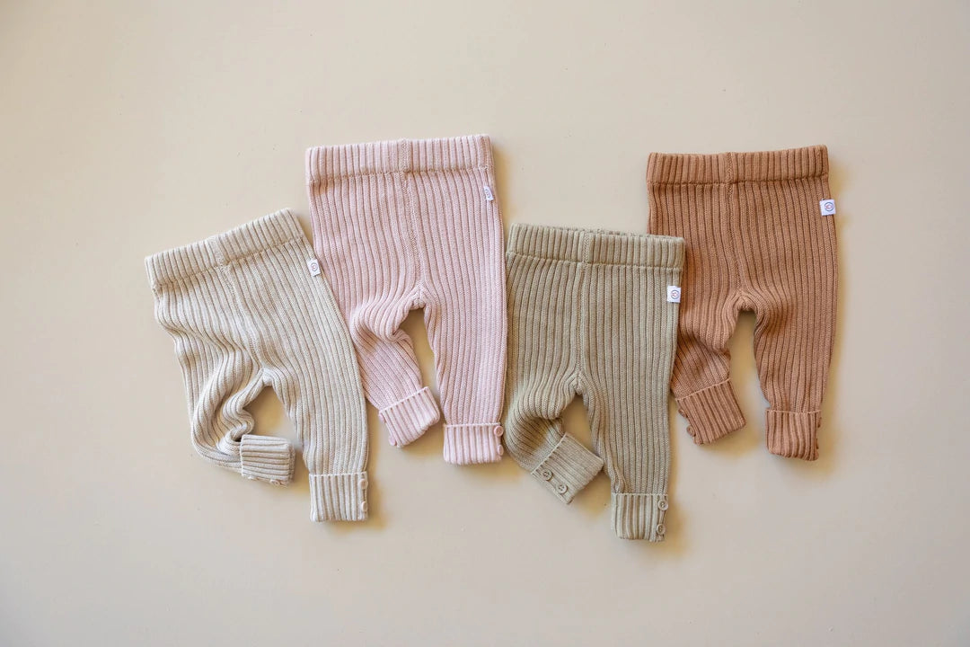 Soft Bamboo rib knit leggings for babies & toddlers in a range of colours. Oat, Pink, Moss & Toffee