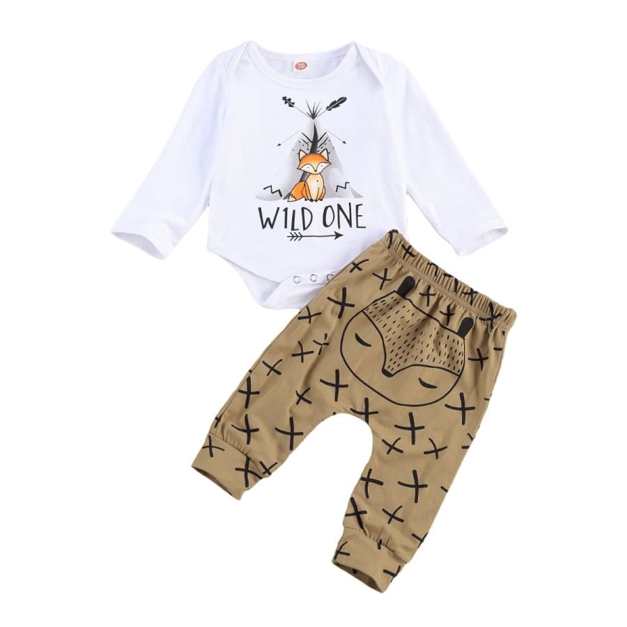 Adorable light weight white bodysuit (picturing a small fox & words 'Wild One') & matching light brown fox pants